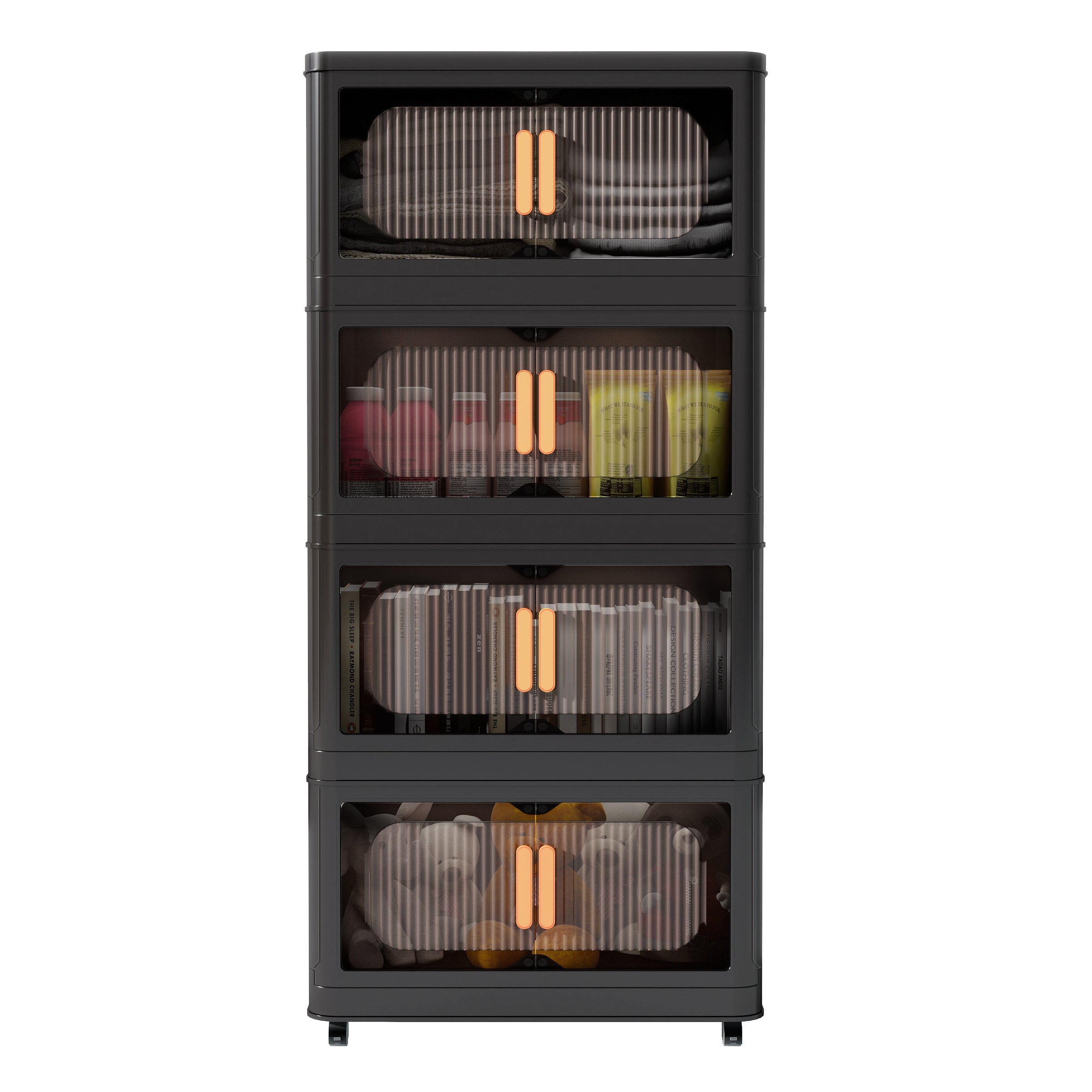 Black,20' Side Wide Folding Storage Cabinet ,4 Tiers,19.69'×11.81'×40.55',Collapsible Storage Bins with Magnetic Door, Plastic Storage Cabinet with Wheels - Grand Goldman Shop