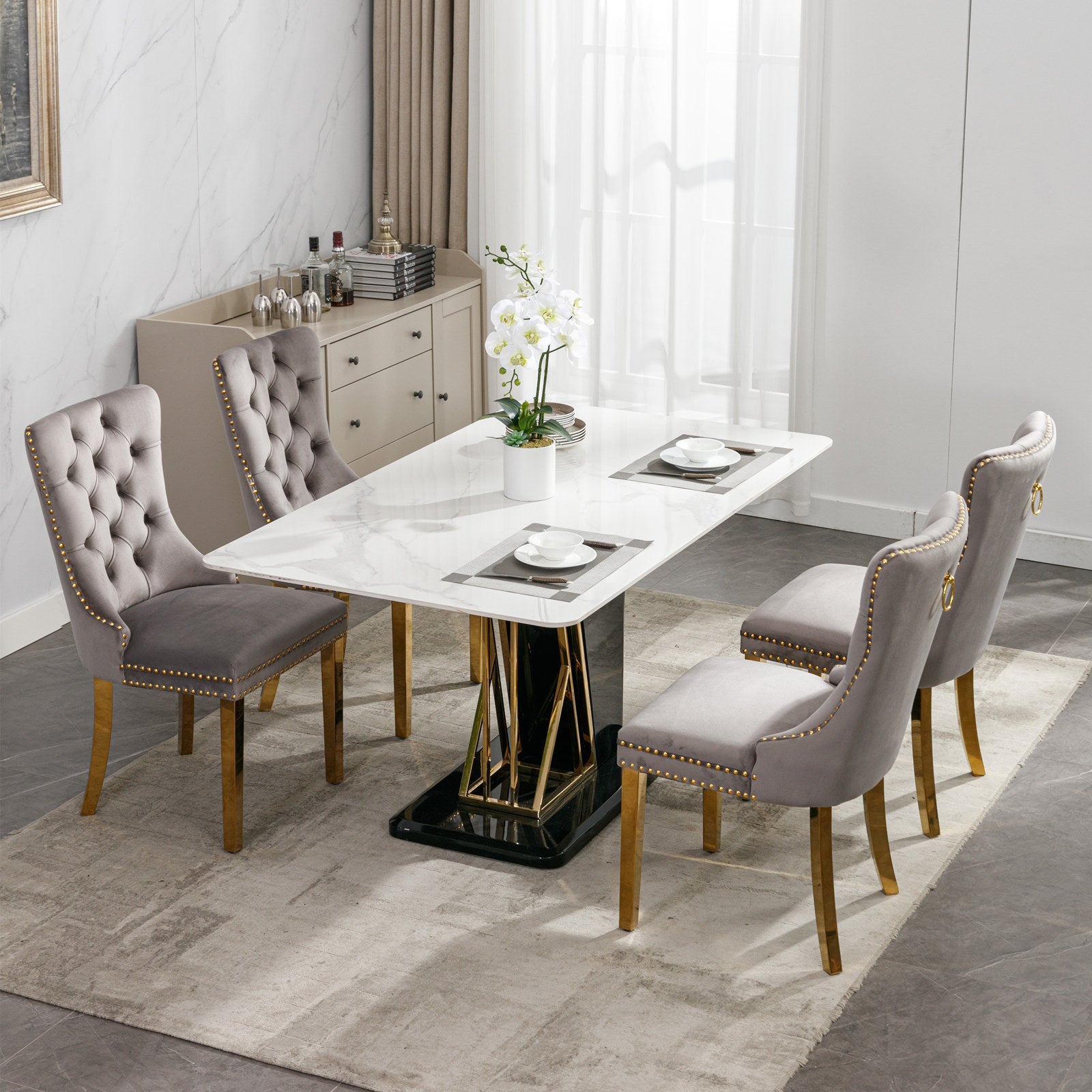 Nikki Collection Modern, High-end Tufted Solid Wood Contemporary Velvet Upholstered Dining Chair with Golden Stainless Steel Plating Legs,Nailhead Trim,Set of 2,Gray and Gold, SW1601GY - Grand Goldman Shop