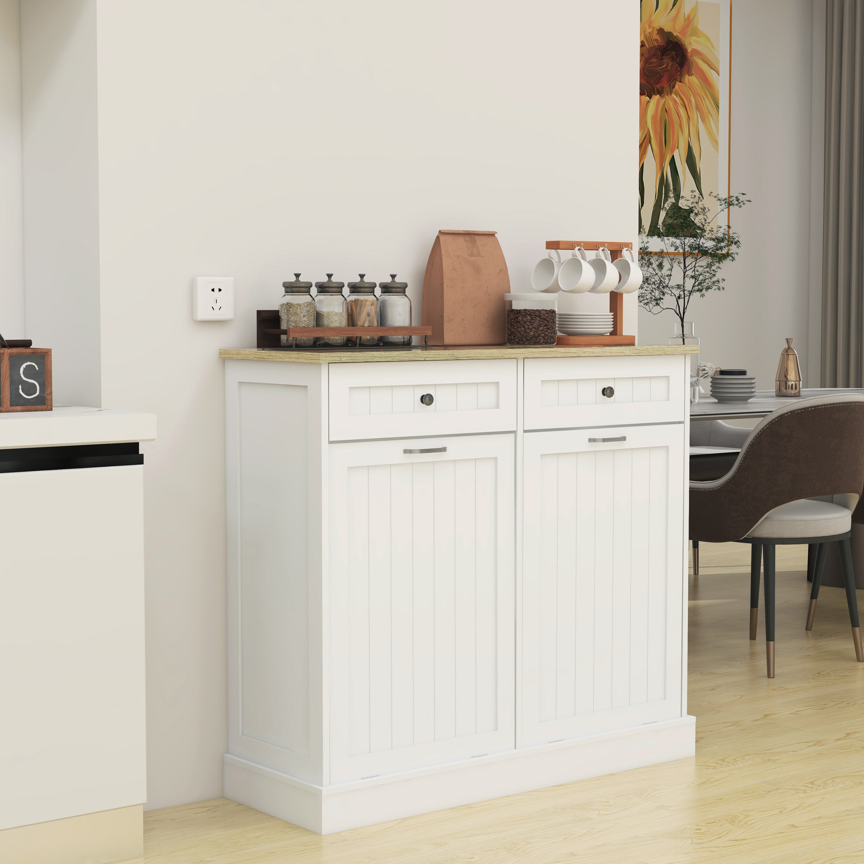 Two Drawers and Two-Compartment Tilt-Out Trash Cabinet Kitchen Trash Cabinet-White - Grand Goldman Shop