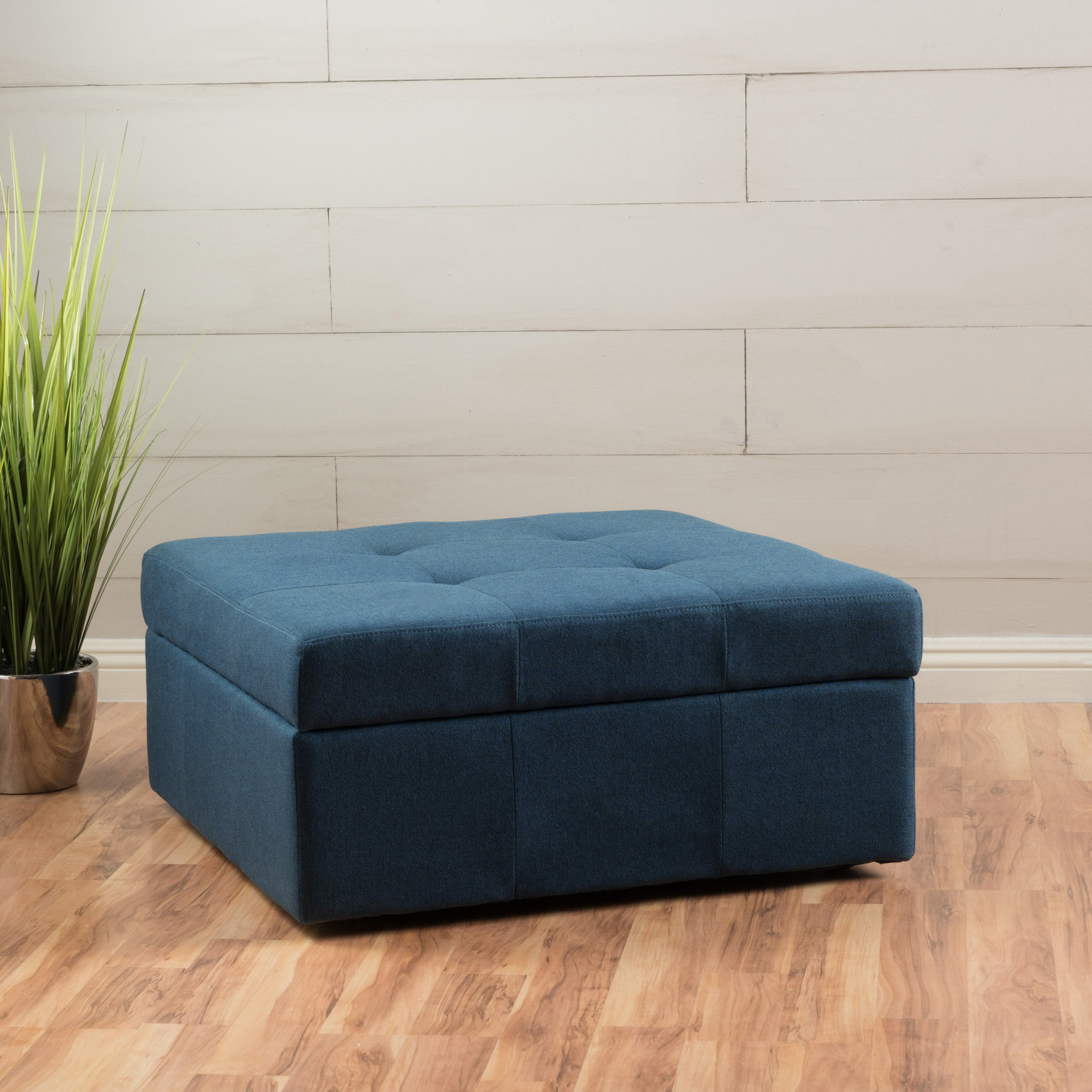Flip-Top Ottoman with Tufted Waffle Stitch and Rolling Casters, Navy Blue - Grand Goldman Shop