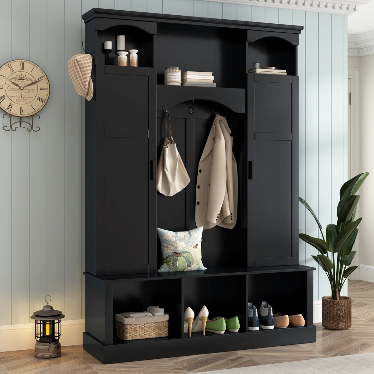 ON-TREND Modern All-in-One Hall Tree with Adjustable Shelves, Classic Arched Farmhouse Storage Bench with Dual Side Cabinets, Elegant Entryway Organizer with 7 Hooks for Mudroom, Hallway, Black - Grand Goldman Shop