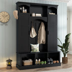 ON-TREND Modern All-in-One Hall Tree with Adjustable Shelves, Classic Arched Farmhouse Storage Bench with Dual Side Cabinets, Elegant Entryway Organizer with 7 Hooks for Mudroom, Hallway, Black - Grand Goldman Shop