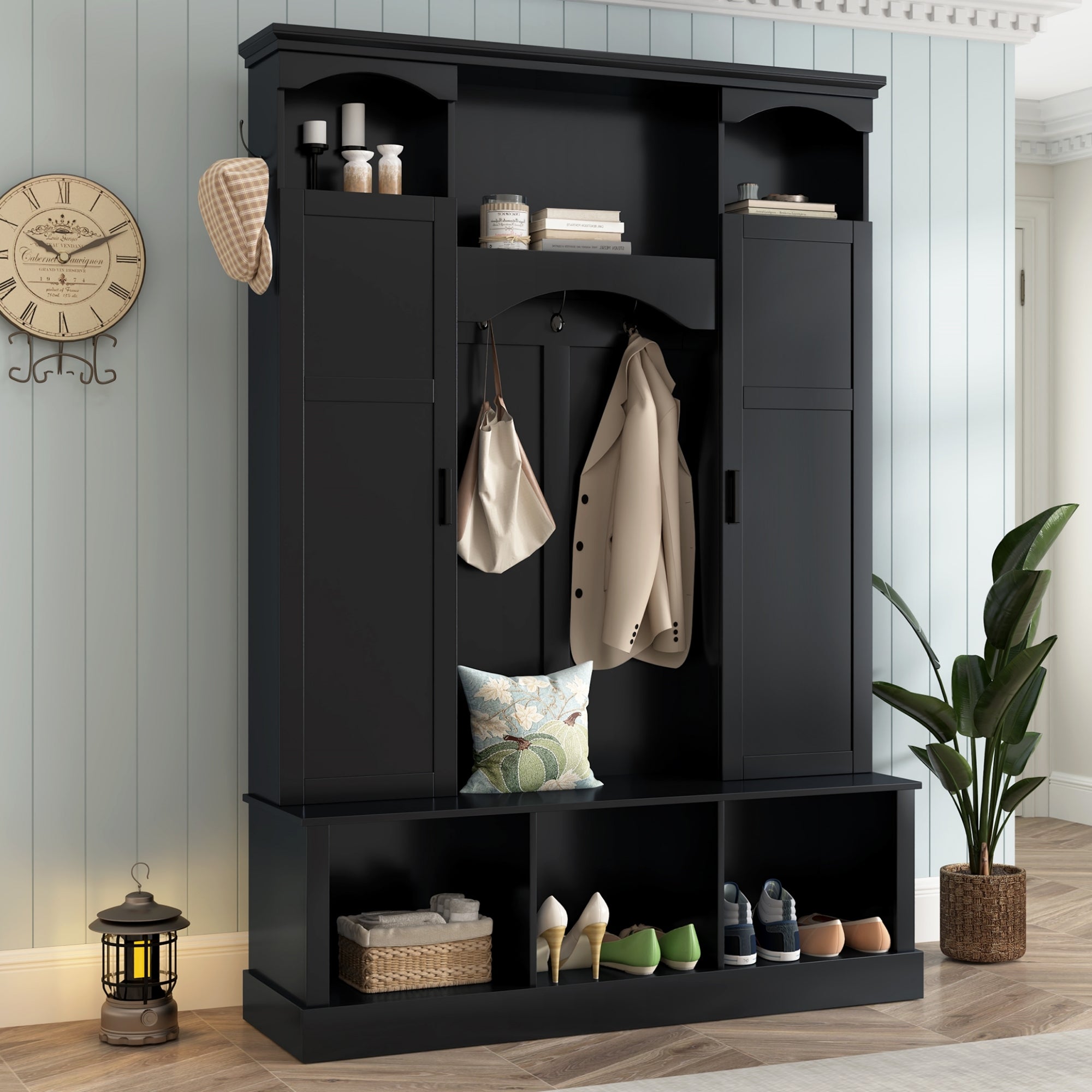 ON-TREND Modern All-in-One Hall Tree with Adjustable Shelves, Classic Arched Farmhouse Storage Bench with Dual Side Cabinets, Elegant Entryway Organizer with 7 Hooks for Mudroom, Hallway, Black - Grand Goldman Shop