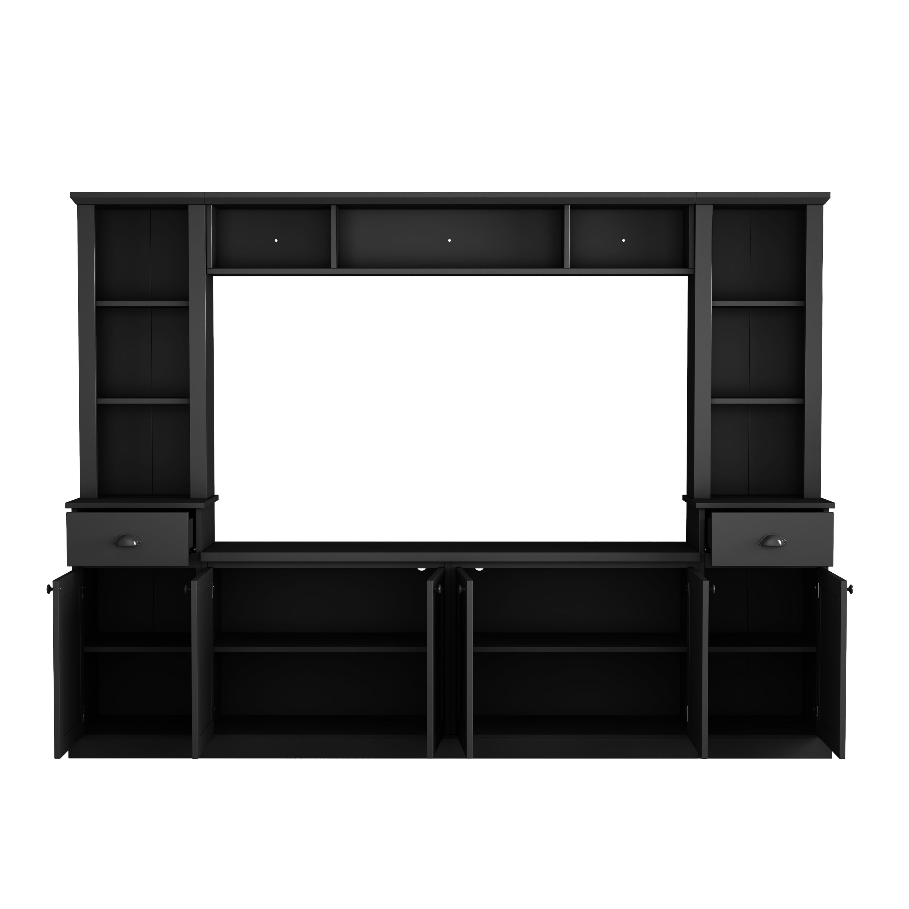 Minimalist Entertainment Wall Unit Set with Bridge for TVs Up to 75'', Ample Storage Space TV Stand with Adjustable Shelves, Modernist Large Media Console for Living Room, Black - Grand Goldman Shop