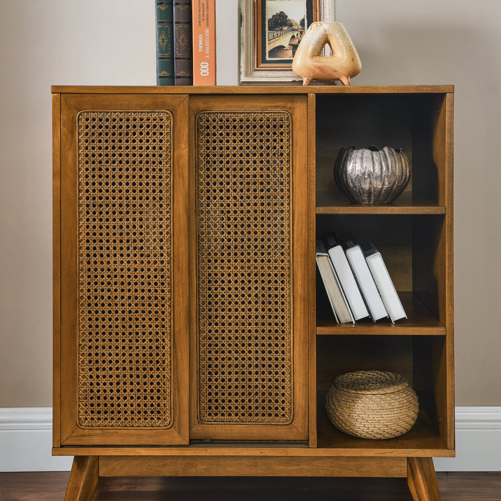 Mid Century Modern Rattan Sideboard Cabinet, Buffet Cabinet for Entryway Hallway Living Room Kitchen Dining Room, Adjustable Shelf & Solid Wood Feet & Rattan Cabinet Doors - Light Wood - Grand Goldman Shop