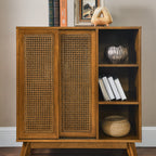 Mid Century Modern Rattan Sideboard Cabinet, Buffet Cabinet for Entryway Hallway Living Room Kitchen Dining Room, Adjustable Shelf & Solid Wood Feet & Rattan Cabinet Doors - Light Wood - Grand Goldman Shop