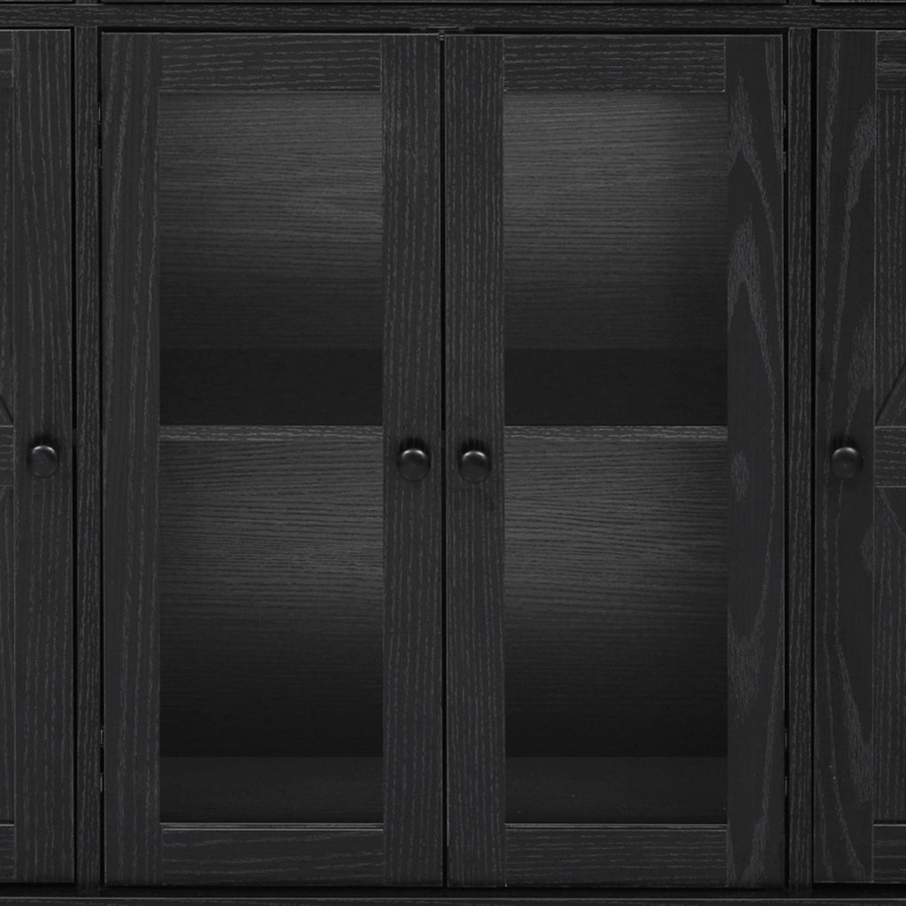 K&K 53'' Farmhouse Kitchen Island with Two Tempered Glass Cabinet Doors, Power Outlet, Rolling Kitchen Cart on Wheels with Drop Leaf, 5 Open Side Racks, 3 Drawers, for Kitchen, Dining Room, Black - Grand Goldman Shop