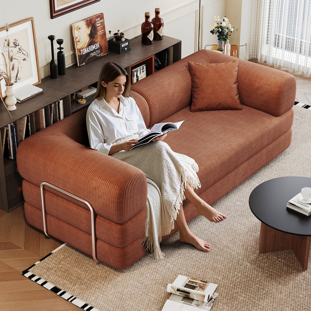 78.8' Compression Sofa,Convertible Floor Sofa Bed-with Pillow Back Support Armrest,Comfy Futon Couch Sleeper Bed,Loveseats Boneless Modular Sectional Sofa,Corduroy fabric,for Living Room,Bedroom,Brown - Grand Goldman Shop