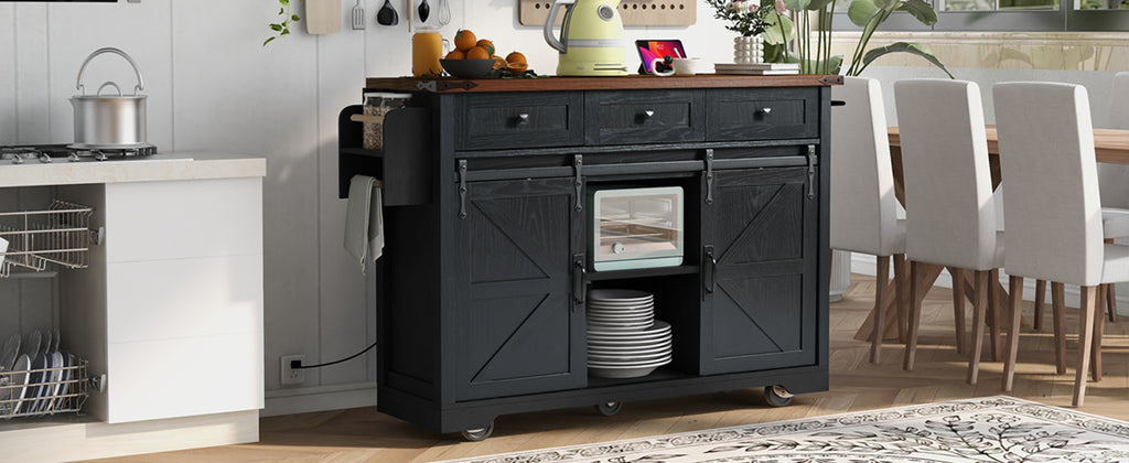 K&K 53.7' Farmhouse Kitchen Island with Power Outlet, 2 Sliding Barn Door Kitchen Storage Island with Drop Leaf, Spice Rack Rolling Kitchen Cart on Wheels, for Home, Kitchen and Dining Room, Black - Grand Goldman Shop