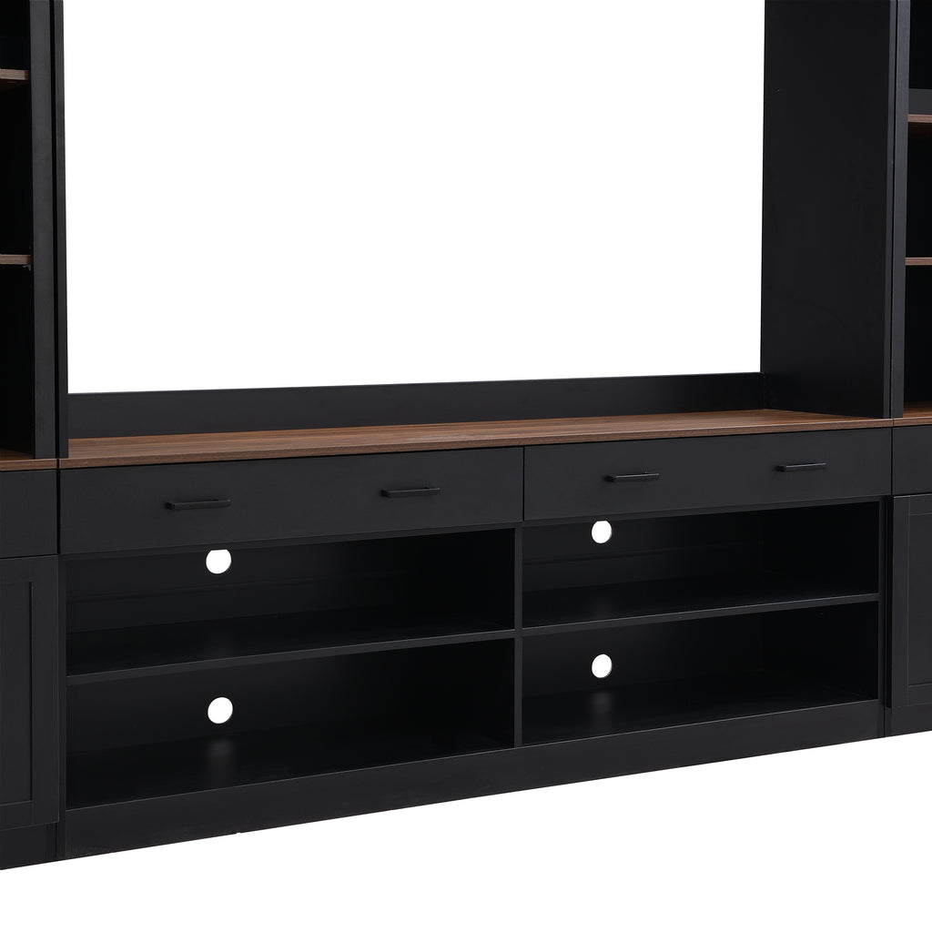 Farmhouse Entertainment Wall Unit with Bookshelf for TVs Up to 70', Walnut TV Stand with Adjustable Shelves, Mid-Century Media Console with Wine Rack for Living Room, Black (NEW SKU: N721S000046B-2) - Grand Goldman Shop