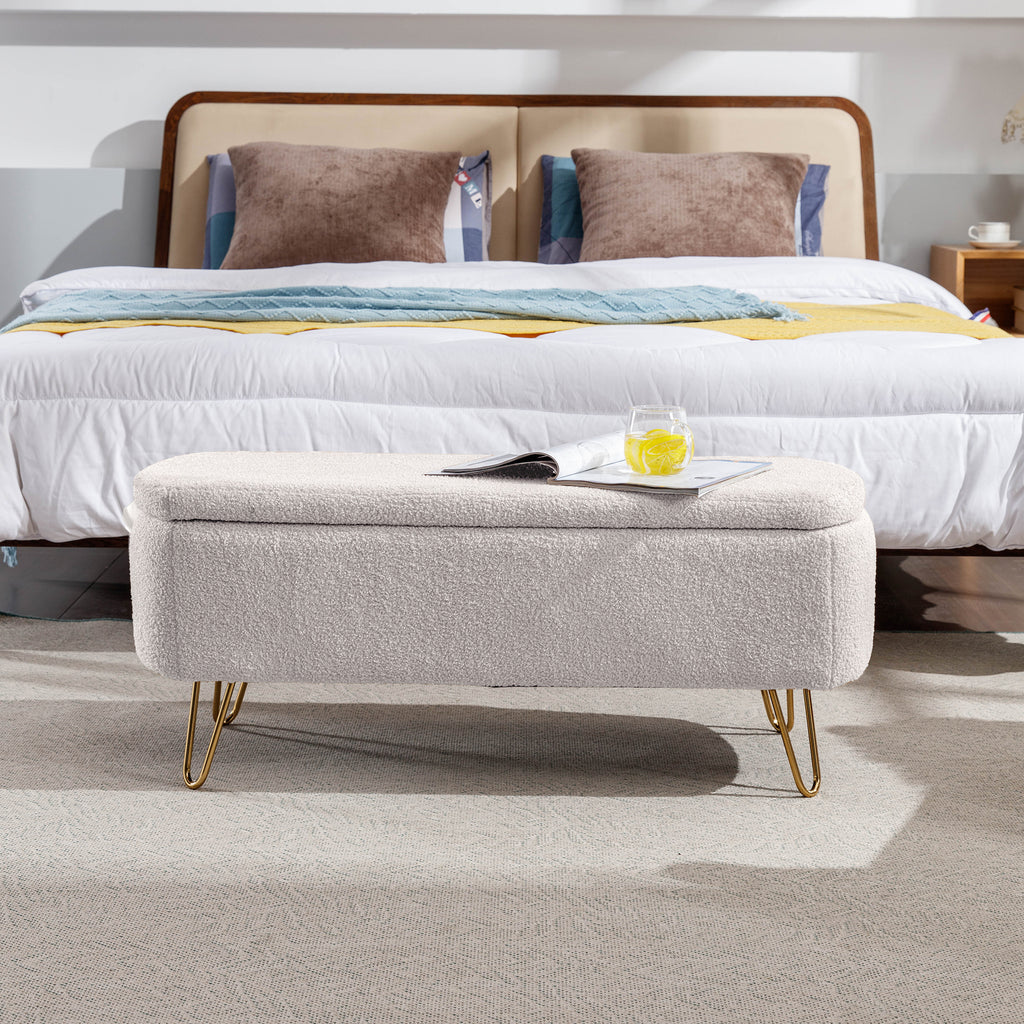 Ivory White Storage Ottoman Bench for End of Bed Gold Legs, Modern Ivory White Faux Fur Entryway Bench Upholstered Padded with Storage for Living Room Bedroom - Grand Goldman Shop