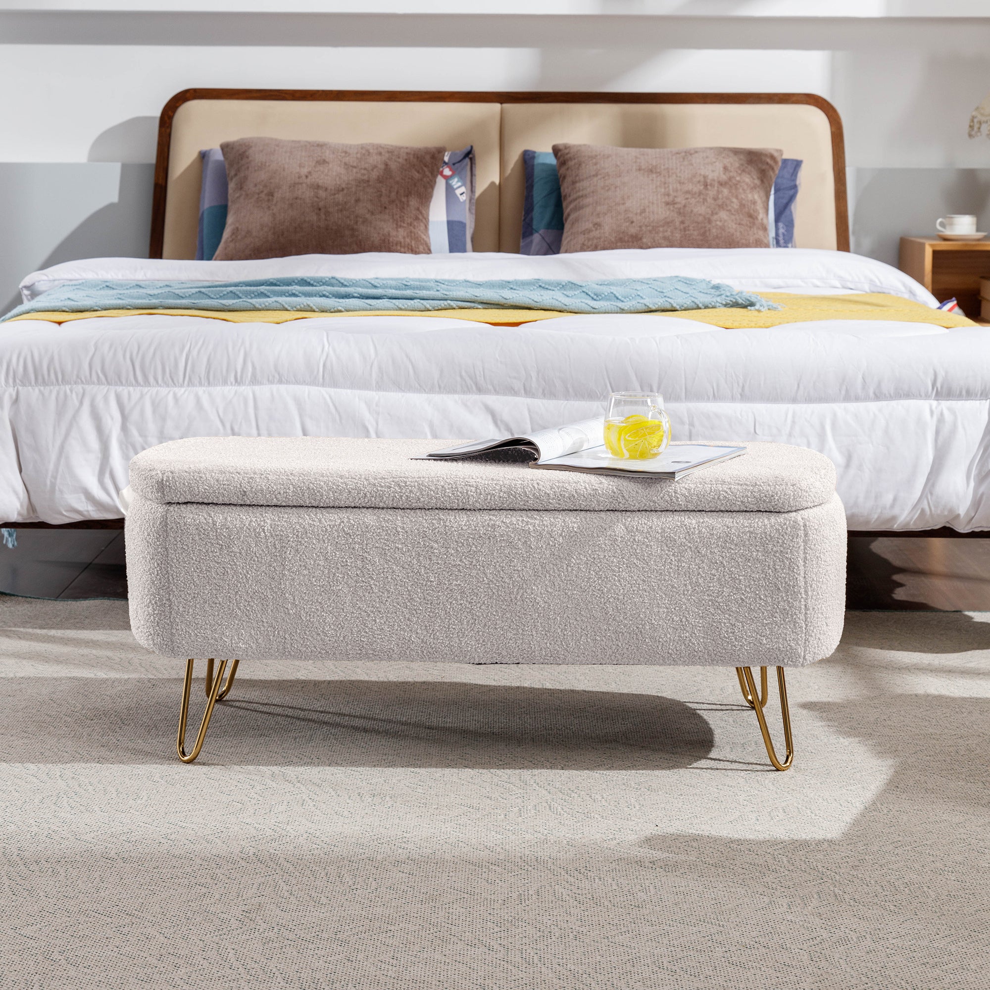Ivory White Storage Ottoman Bench for End of Bed Gold Legs, Modern Ivory White Faux Fur Entryway Bench Upholstered Padded with Storage for Living Room Bedroom - Grand Goldman Shop