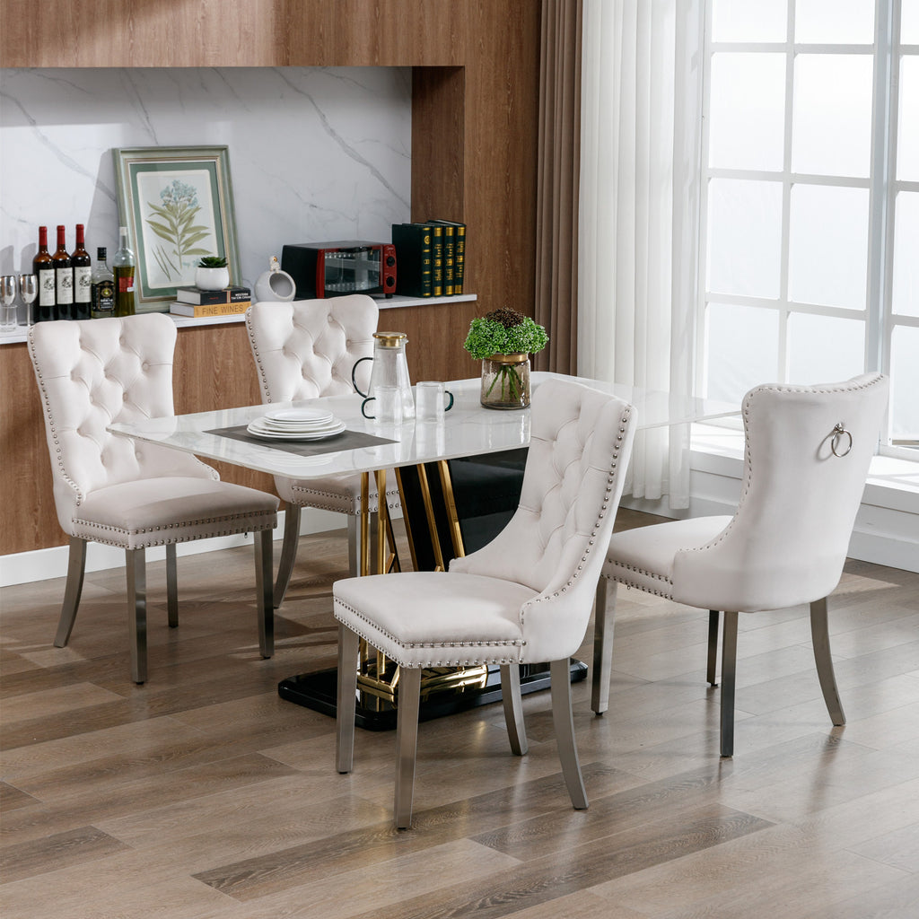 Nikki Collection Modern, High-end Tufted Solid Wood Contemporary Velvet Upholstered Dining Chair with Chrome Stainless Steel Plating Legs,Nailhead Trim,Set of 2，Beige and Chrome, SW1701BG - Grand Goldman Shop