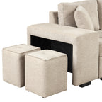 Modern L-Shape 3 Seat Reversible Sectional Couch with Pull Out Sleeper, Storage Chaise & 2 Stools, Cream, Linen Chenille - Grand Goldman Shop