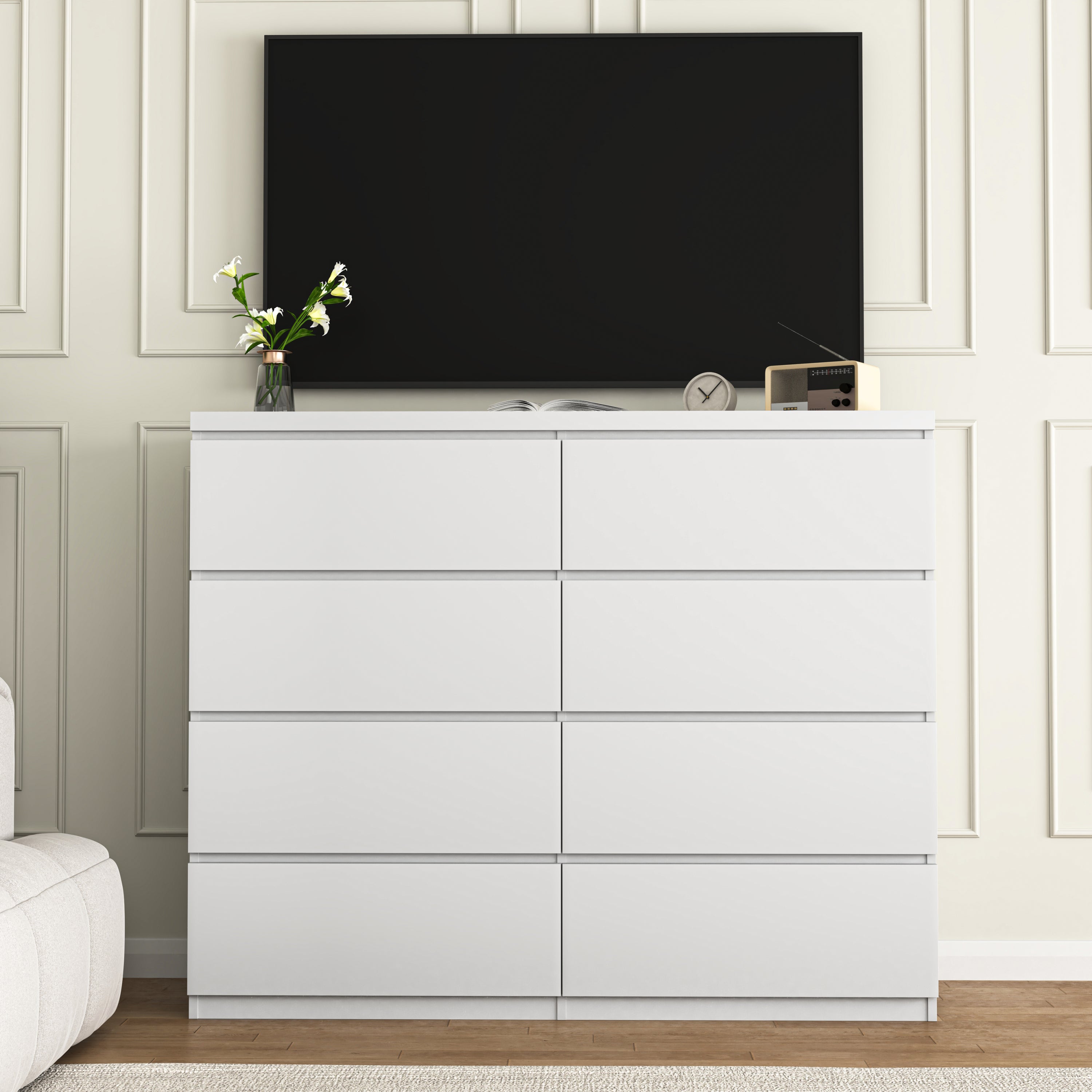 8 Drawers Dresser for Bedroom, Wood Bedroom Dresser Modern Drawer Chest, 8 Chest of Drawer, Tall Dresser for Closet, Dressers Organizer for Living Room, Closet, White - Grand Goldman Shop
