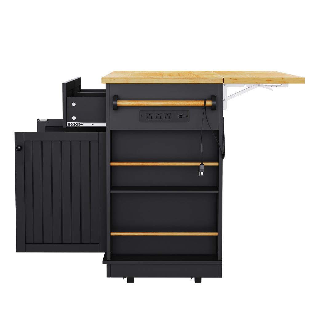 48 inch Kitchen Island with Drop Leaf,Power Outlet,Internal Storage Rack,Rolling Kitchen Storage Cart on 5 Wheels with 5 Open Side Racks,for Kitchen,Black (Old SKU N707P257057B)(Not Include Stools) - Grand Goldman Shop