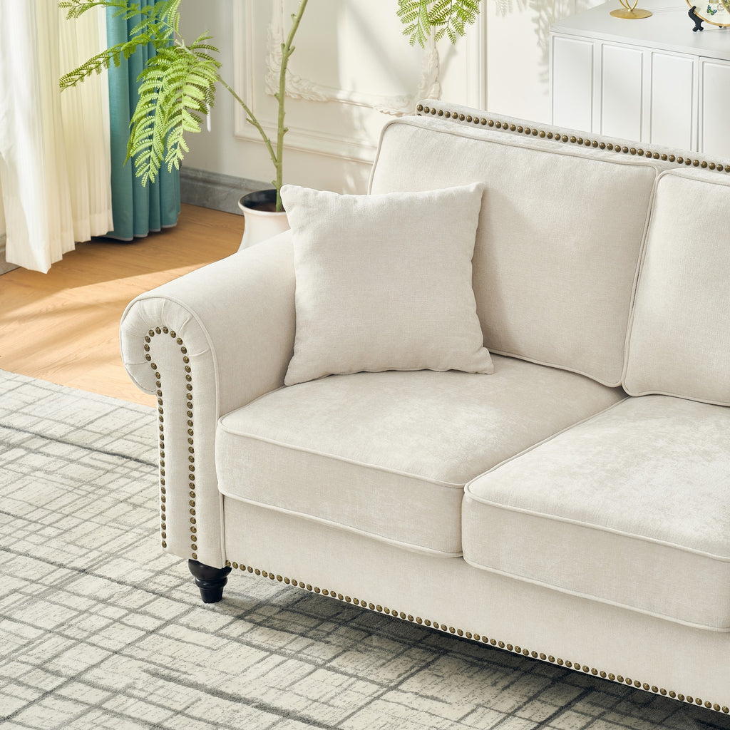 Modern 2-Seater Sofa with Rolled Arms, Tufted Upholstery, Wood Legs, Nailhead Trim, Beige Fabric, 63' - Grand Goldman Shop