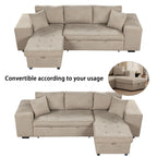 Modern L-Shape 3 Seat Reversible Sectional Couch with Pull Out Sleeper, Storage Chaise & 2 Stools, Cream, Linen Chenille - Grand Goldman Shop