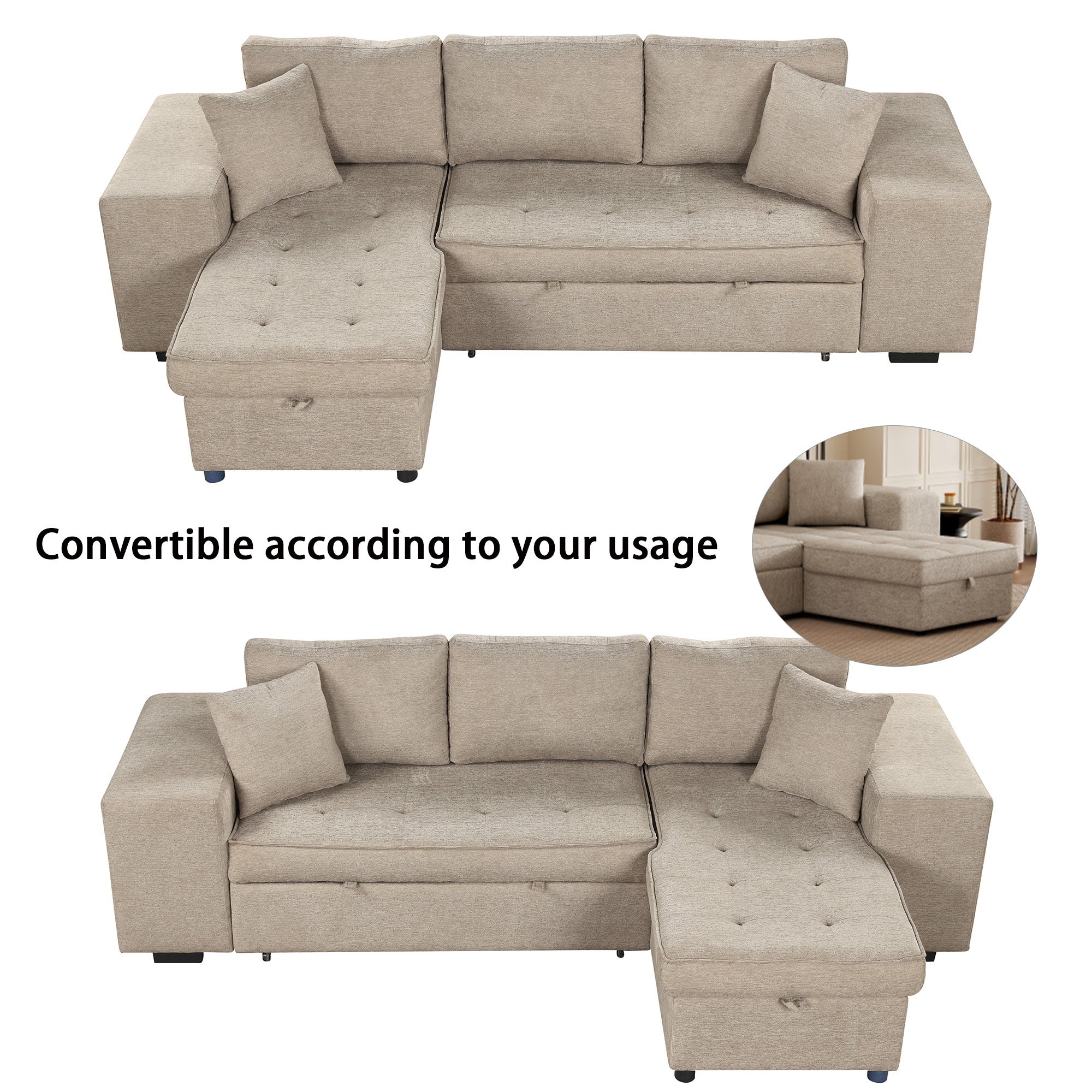Modern L-Shape 3 Seat Reversible Sectional Couch with Pull Out Sleeper, Storage Chaise & 2 Stools, Cream, Linen Chenille - Grand Goldman Shop