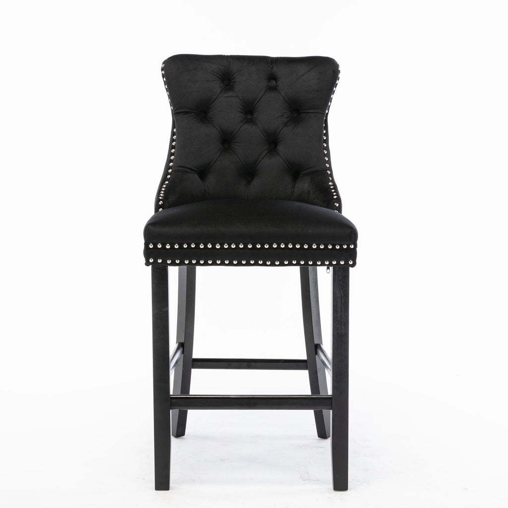 Contemporary Velvet Upholstered Barstools with Button Tufted Decoration and Wooden Legs, and Chrome Nailhead Trim, Leisure Style Bar Chairs,Bar stools, Set of 2 (Black),SW2002BK - Grand Goldman Shop