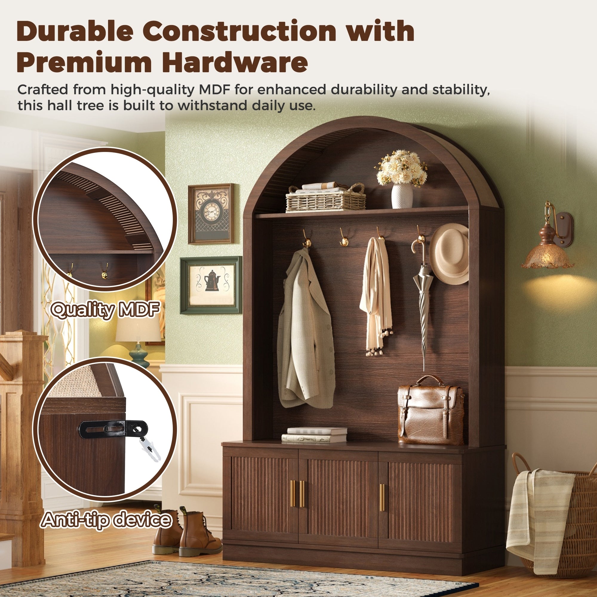 Farmhouse Fabric Arched Top Hall Tree with 5 Metal Hooks, All-in-One Mudroom Furniture with Adjustable Shelves, Mid-Century Fluted Door Entryway Bench with Wood Grain Finish for Hallway, Walnut - Grand Goldman Shop