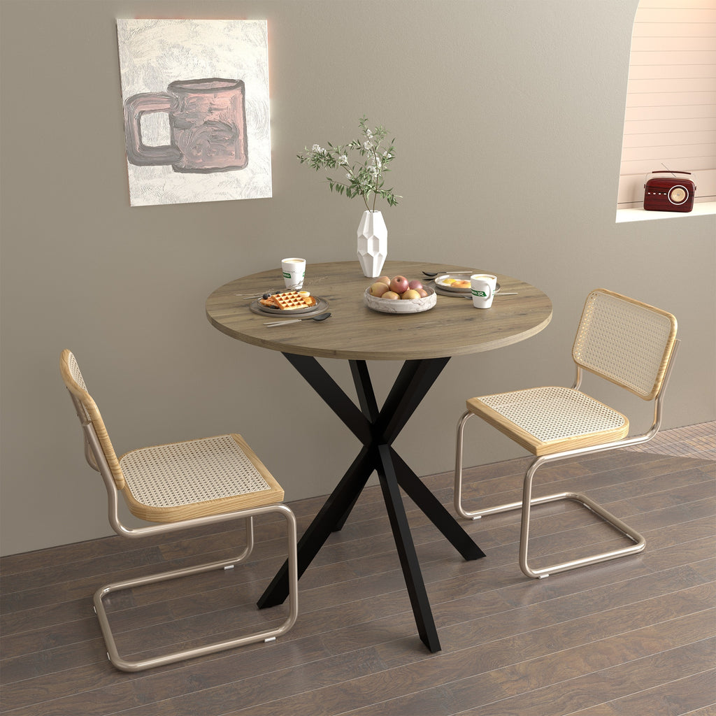 Modern 31.5 Inch Round Dining Table in Rustic Brown with Black Metal Legs, MDF Top for 2-4 People, Compact Kitchen or Dining Room Table - Grand Goldman Shop