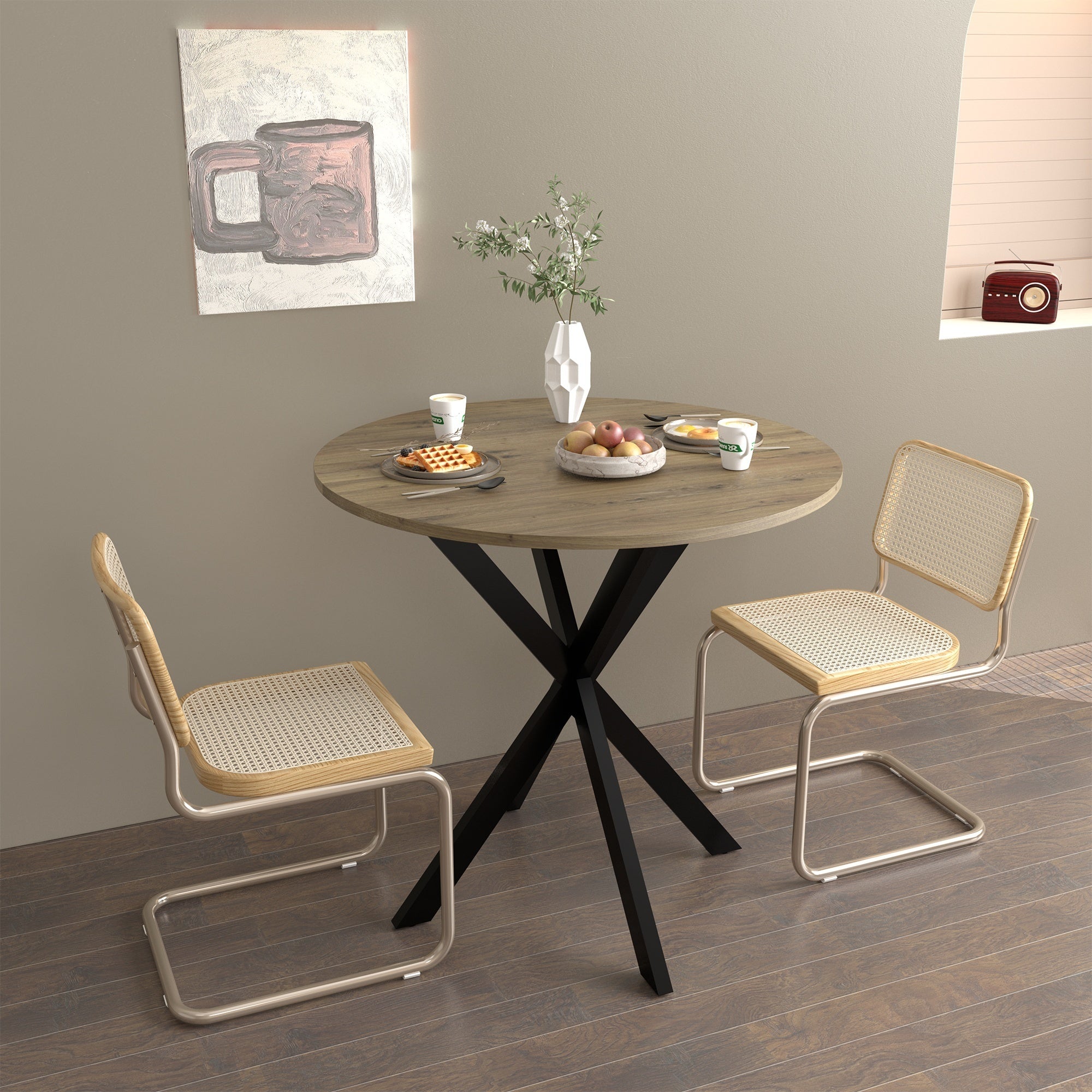 Modern 31.5 Inch Round Dining Table in Rustic Brown with Black Metal Legs, MDF Top for 2-4 People, Compact Kitchen or Dining Room Table - Grand Goldman Shop