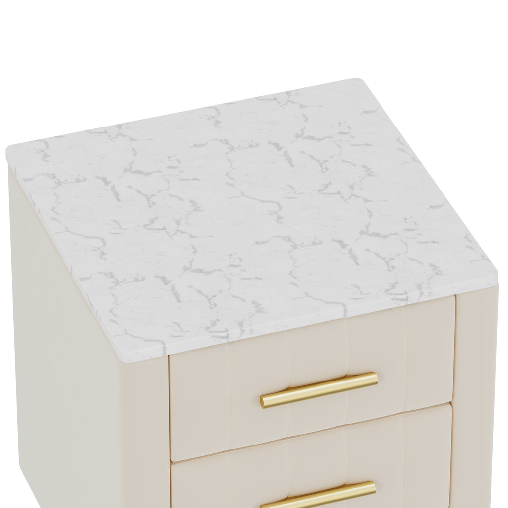Upholstered Wooden Nightstand with 3 Drawers and Metal Legs&Handles, Bedside Table with Marbling Stickers Worktop - Beige - Grand Goldman Shop