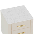 Upholstered Wooden Nightstand with 3 Drawers and Metal Legs&Handles, Bedside Table with Marbling Stickers Worktop - Beige - Grand Goldman Shop
