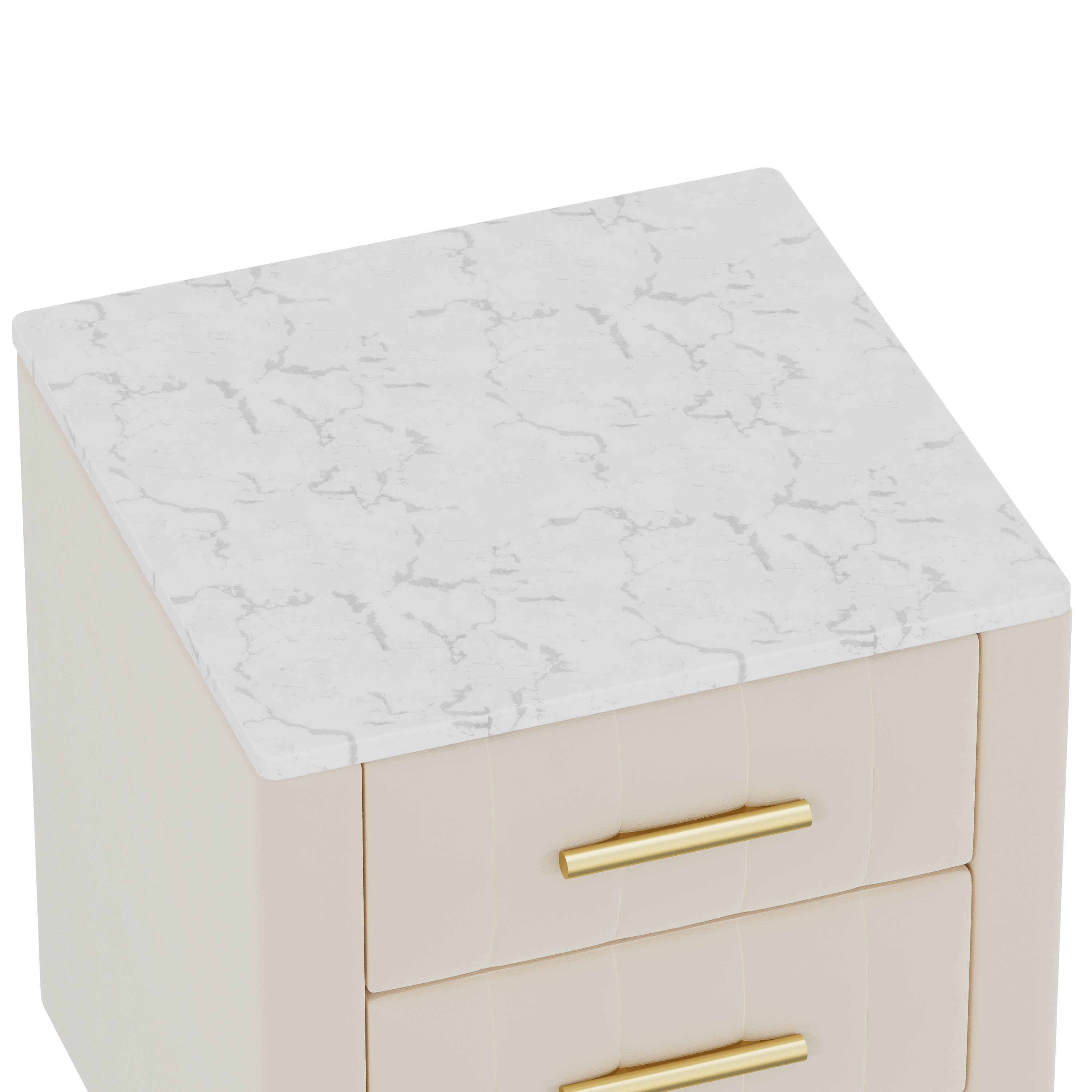 Upholstered Wooden Nightstand with 3 Drawers and Metal Legs&Handles, Bedside Table with Marbling Stickers Worktop - Beige - Grand Goldman Shop