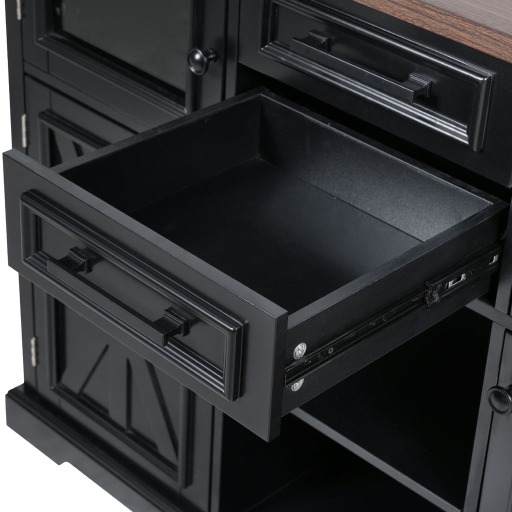 K&K 54.9' Kitchen Island with Drop Leaf, Power Outlet, Kitchen Storage Cart with 4 Door Shelves, Cross Barn Doors & Visual Glass Door, Rolling Kitchen Island on 4 Wheels for Kitchen, Dining Room,Black - Grand Goldman Shop