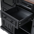 K&K 54.9' Kitchen Island with Drop Leaf, Power Outlet, Kitchen Storage Cart with 4 Door Shelves, Cross Barn Doors & Visual Glass Door, Rolling Kitchen Island on 4 Wheels for Kitchen, Dining Room,Black - Grand Goldman Shop
