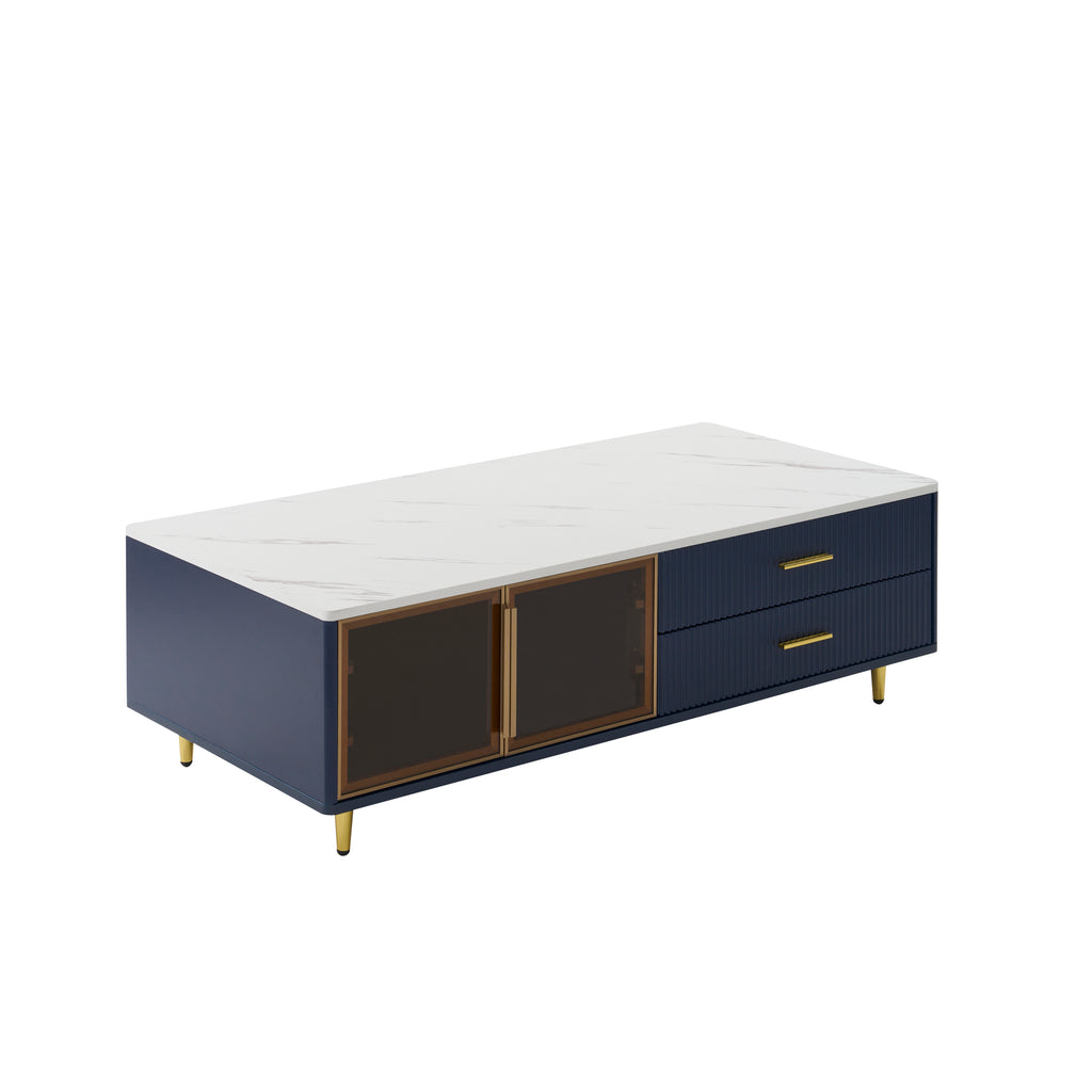 Modern Navy Blue Coffee Table with 2 Glass Door Storage, 4 Drawers, Gold Metal Legs, and Multi-Color Lighting in 47.2'' - Grand Goldman Shop