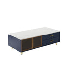 Modern Navy Blue Coffee Table with 2 Glass Door Storage, 4 Drawers, Gold Metal Legs, and Multi-Color Lighting in 47.2'' - Grand Goldman Shop