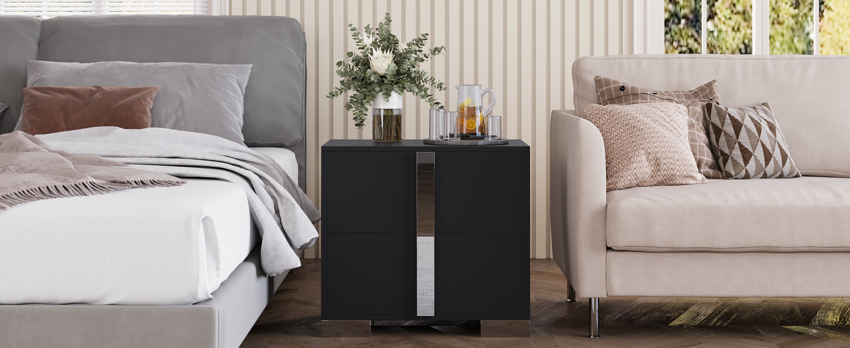 Modern End Table with Drawers, Elegant Nightstand with Metal Foot,Wood Bedside Table with Mirrored Metal Handles,Sofa Side End Table for Bedroom Living Room Office,Black - Grand Goldman Shop