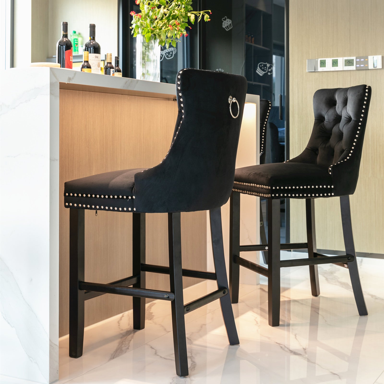 Contemporary Velvet Upholstered Barstools with Button Tufted Decoration and Wooden Legs, and Chrome Nailhead Trim, Leisure Style Bar Chairs,Bar stools, Set of 2 (Black),SW2002BK - Grand Goldman Shop