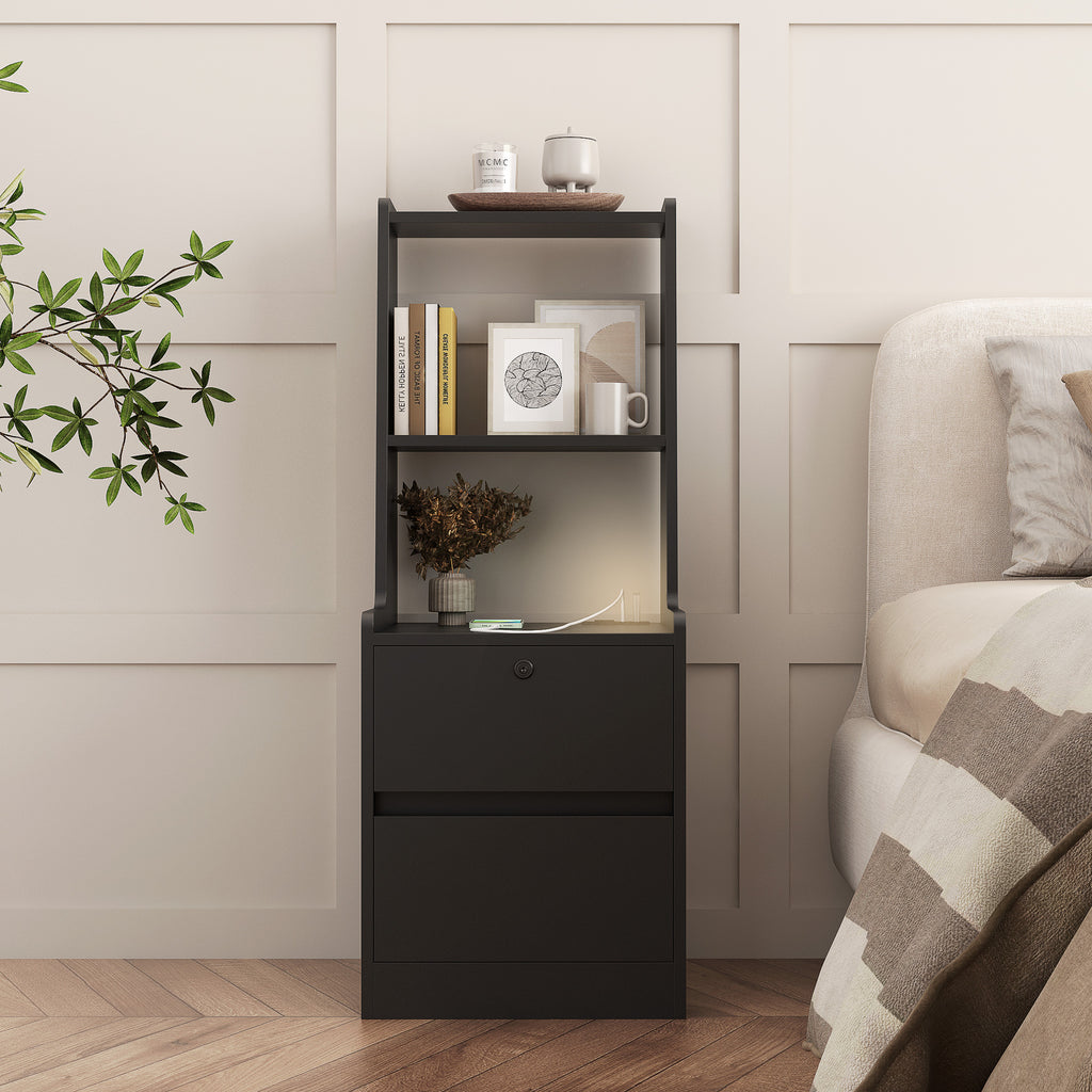 Nightstand with Charging Station, Smart Nightstand with Night Light, Modern Night Stand with Bookshelf, Bedside Tables with Storage Cabinet for Bedroom, Black - Grand Goldman Shop