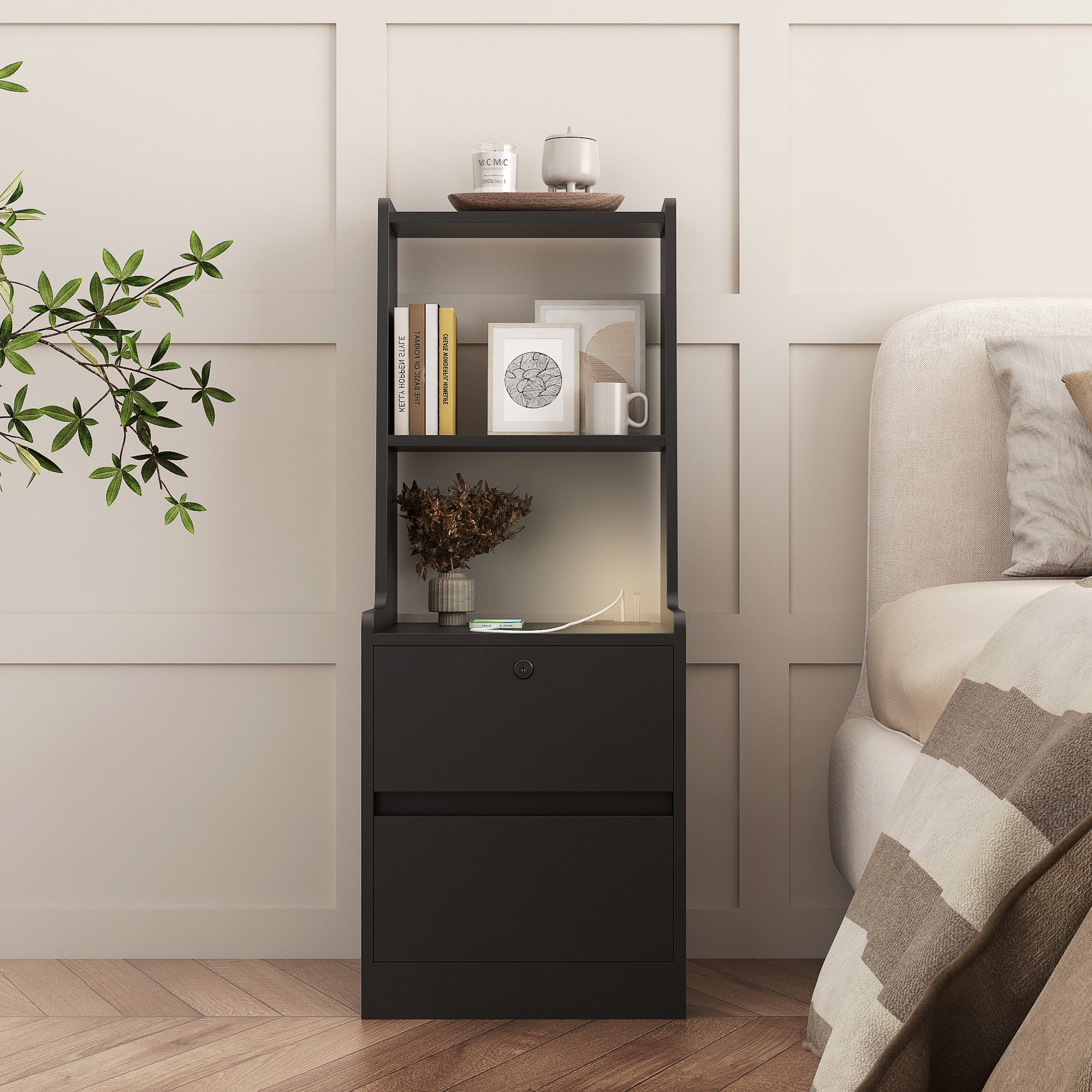 Nightstand with Charging Station, Smart Nightstand with Night Light, Modern Night Stand with Bookshelf, Bedside Tables with Storage Cabinet for Bedroom, Black - Grand Goldman Shop