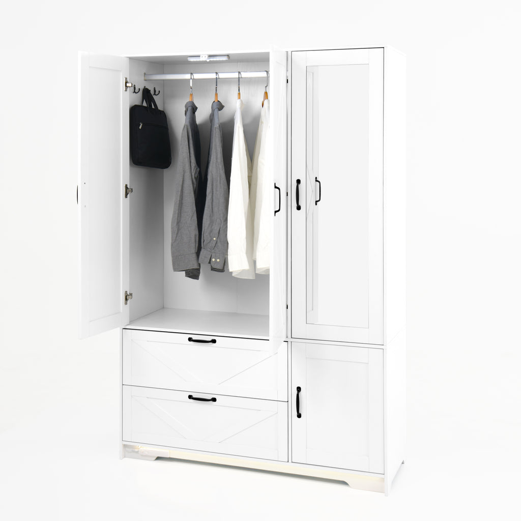 4 Doors Wardrobe Closet with Mirror, LED Wardrobe with Doors and 2 Drawers, Wooden Wardrobe Storage Cabinet with Hanging Rod, Adjustable Shelves, White - Grand Goldman Shop