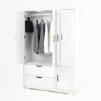 4 Doors Wardrobe Closet with Mirror, LED Wardrobe with Doors and 2 Drawers, Wooden Wardrobe Storage Cabinet with Hanging Rod, Adjustable Shelves, White - Grand Goldman Shop