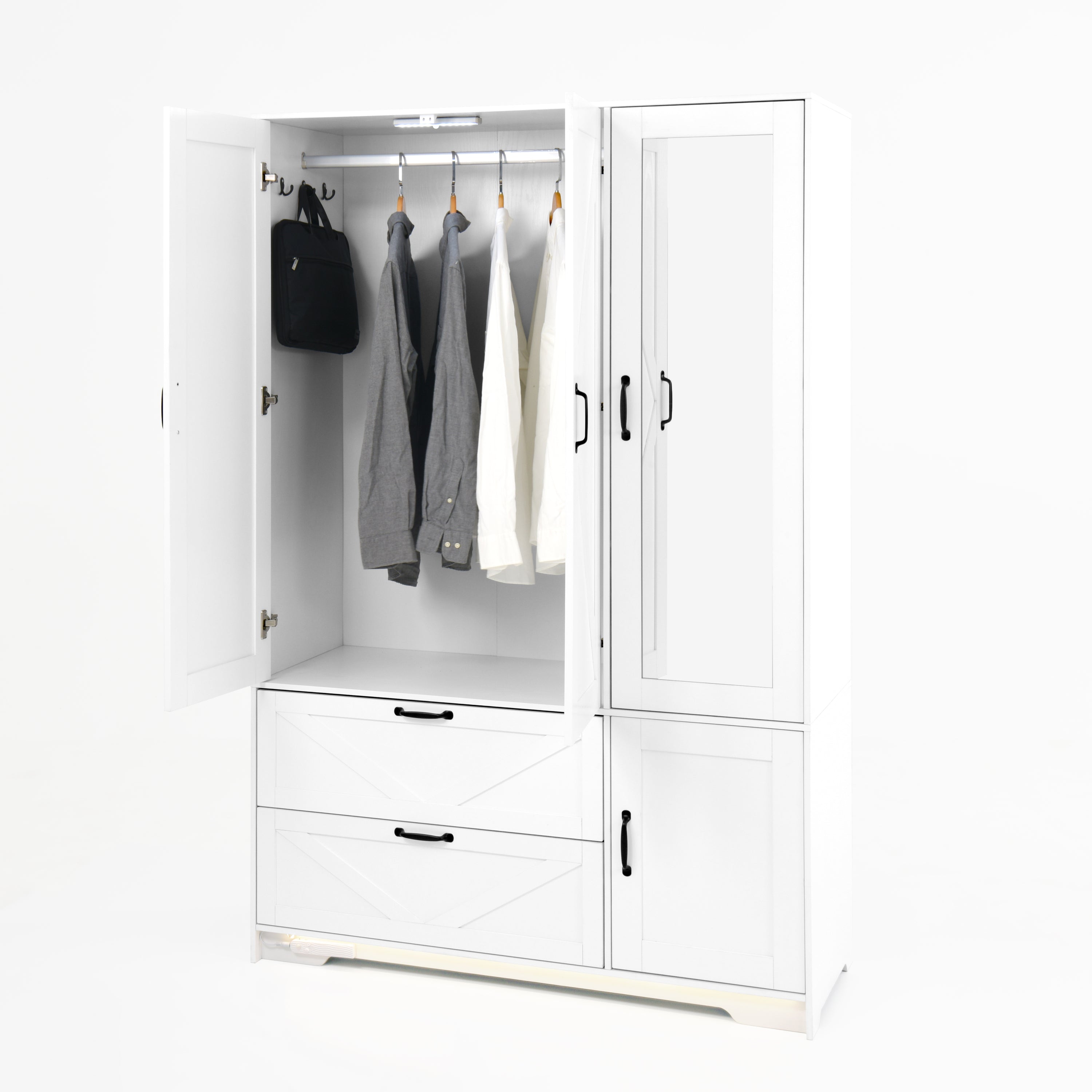 4 Doors Wardrobe Closet with Mirror, LED Wardrobe with Doors and 2 Drawers, Wooden Wardrobe Storage Cabinet with Hanging Rod, Adjustable Shelves, White - Grand Goldman Shop