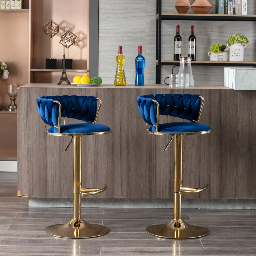 Set of 2  Bar Stools,with Chrome Footrest and Base Swivel Height Adjustable Mechanical Lifting Velvet + Golden Leg Simple Bar Stool-BLUE - Grand Goldman Shop