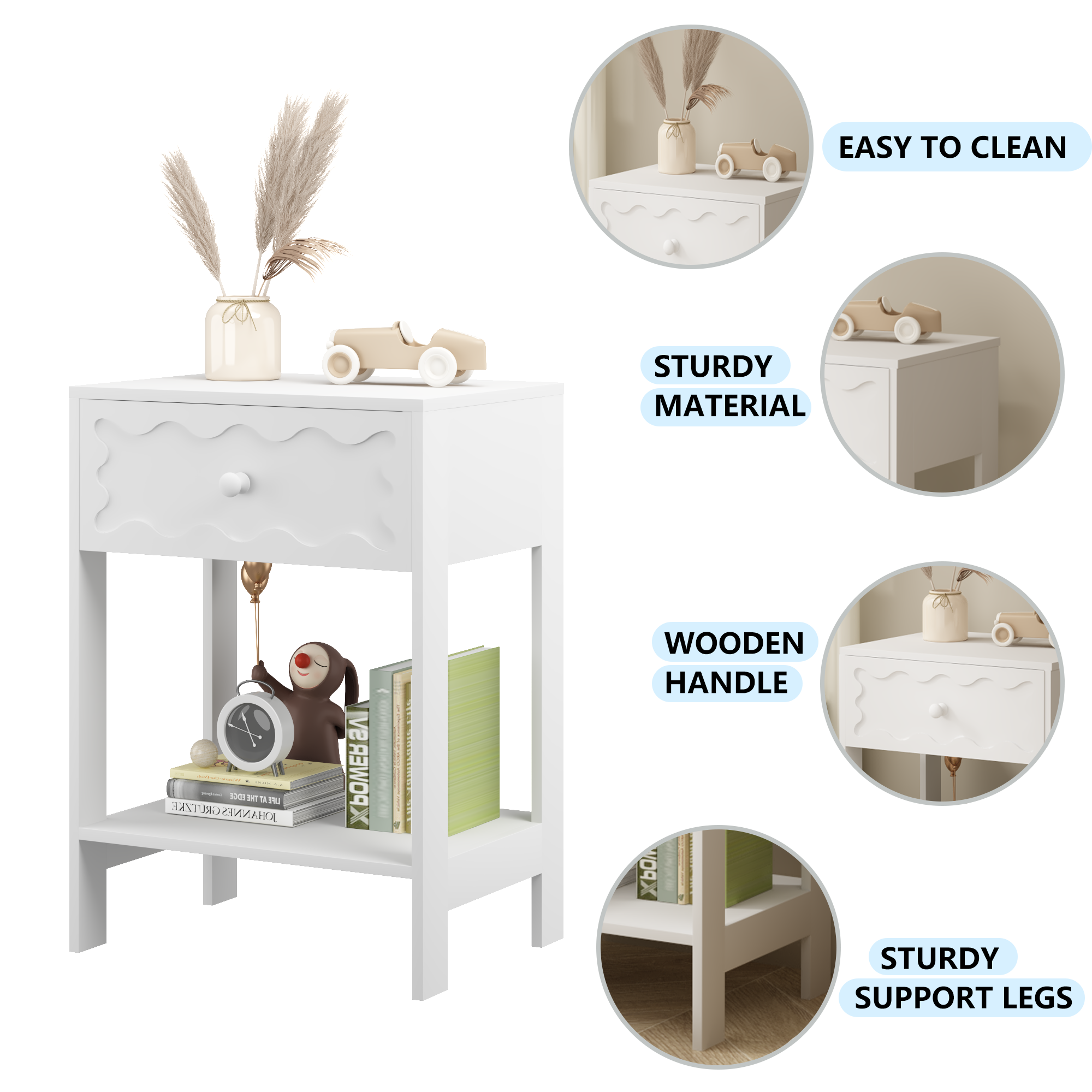 White Nightstand with Drawer and Open Shelf, Modern Wave Pattern Bedside Table, Solid Wood Frame End Table for Bedroom, Living Room, Small Spaces - Grand Goldman Shop