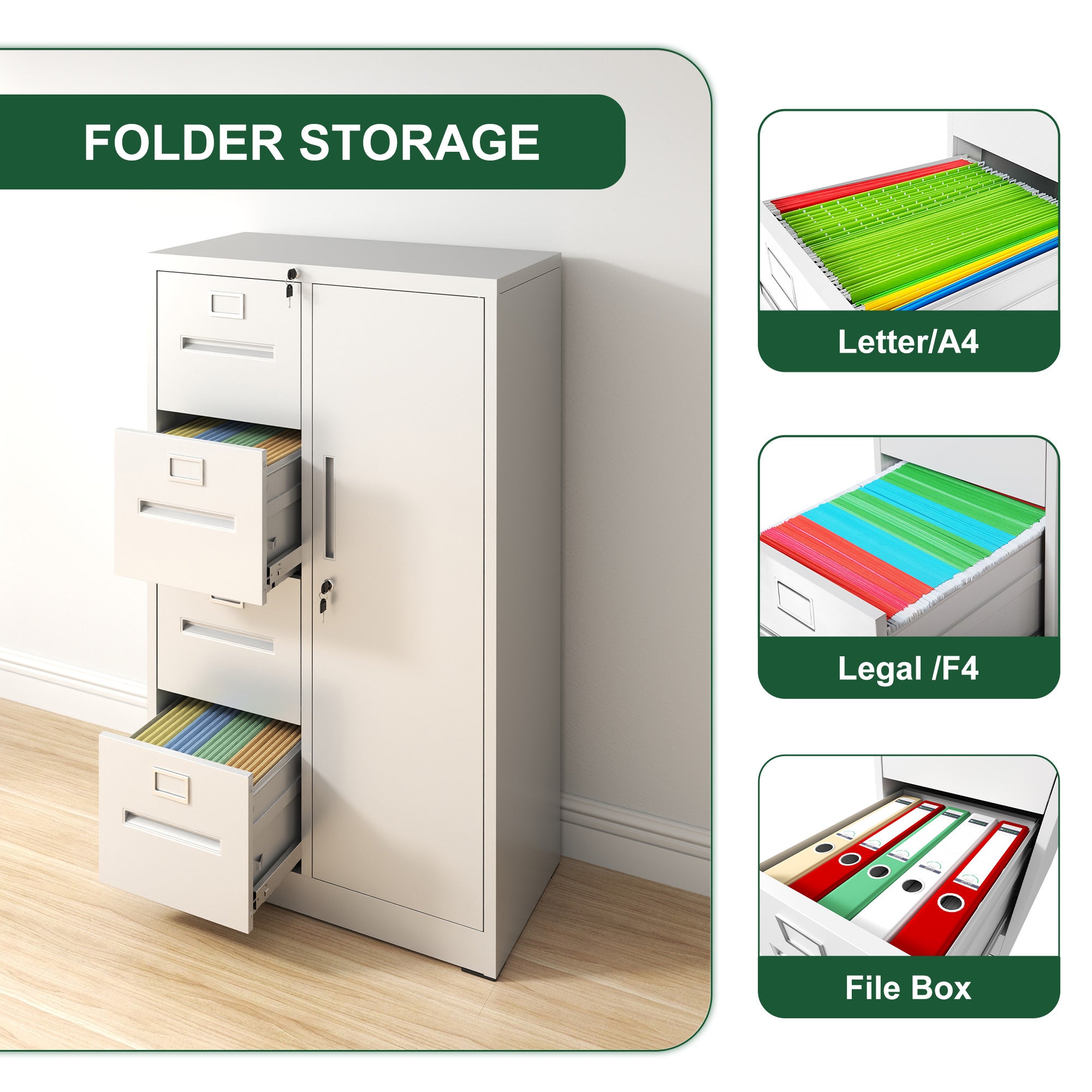 Metal Storage Vertical Filing Cabinet with Lock, 4 Drawers, 1 Door, White Steel Construction, School/Office Use - Grand Goldm