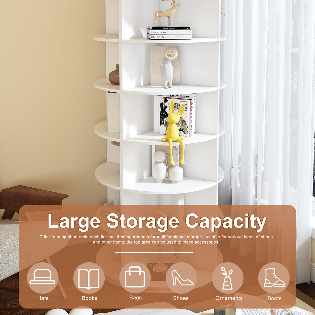 Rotating Shoe Rack Tower, 7-Tier Spinning Storage Rack, Free Standing 360° Revolving Organizer in White with Durable PVC Construction - Grand Goldman Shop