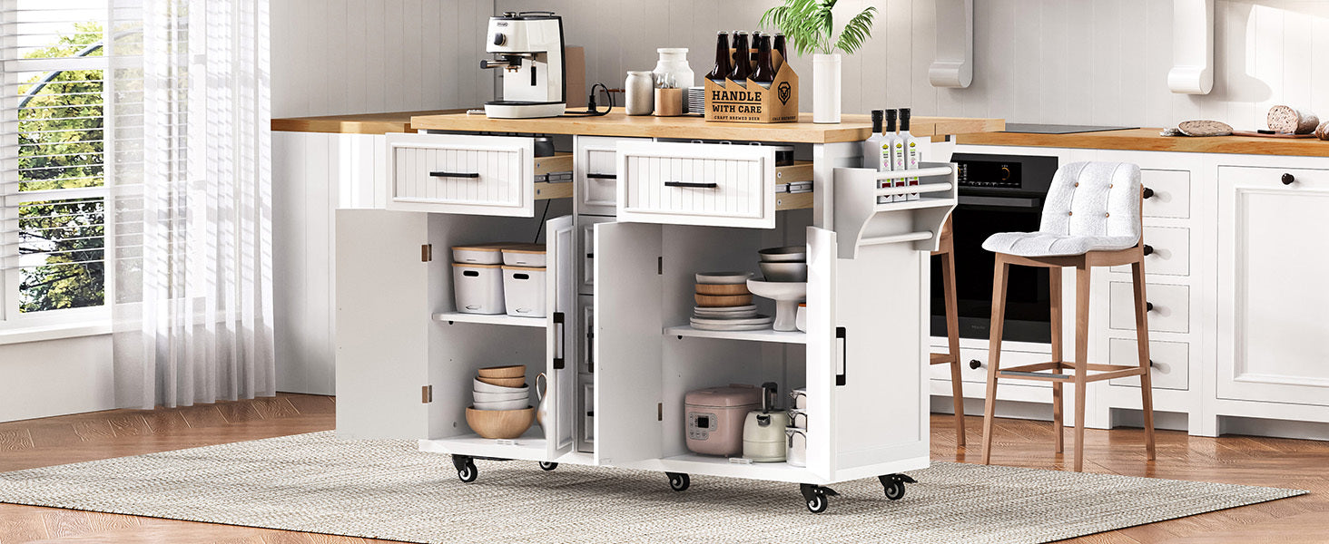 K&K 56.5'' Kitchen Island with Drop Leaf, Power Outlet, Embossed Vertical Stripe Rolling Kitchen Cart on Wheels with 4 Doors , 5 Deep Drawers and Adjustable Shelves, for Kitchen, Dining Room, White - Grand Goldman Shop