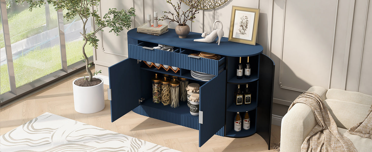U_STYLE 55.1' Modern Storage Cabinet – 2 Doors & 2 Drawers, Stripe MDF Sideboard with Aluminum Handles, Curved Side Door & 3-Tier Shelves, Buffet Cabinet for Living Room, Bedroom, Dining Room - Grand Goldman Shop