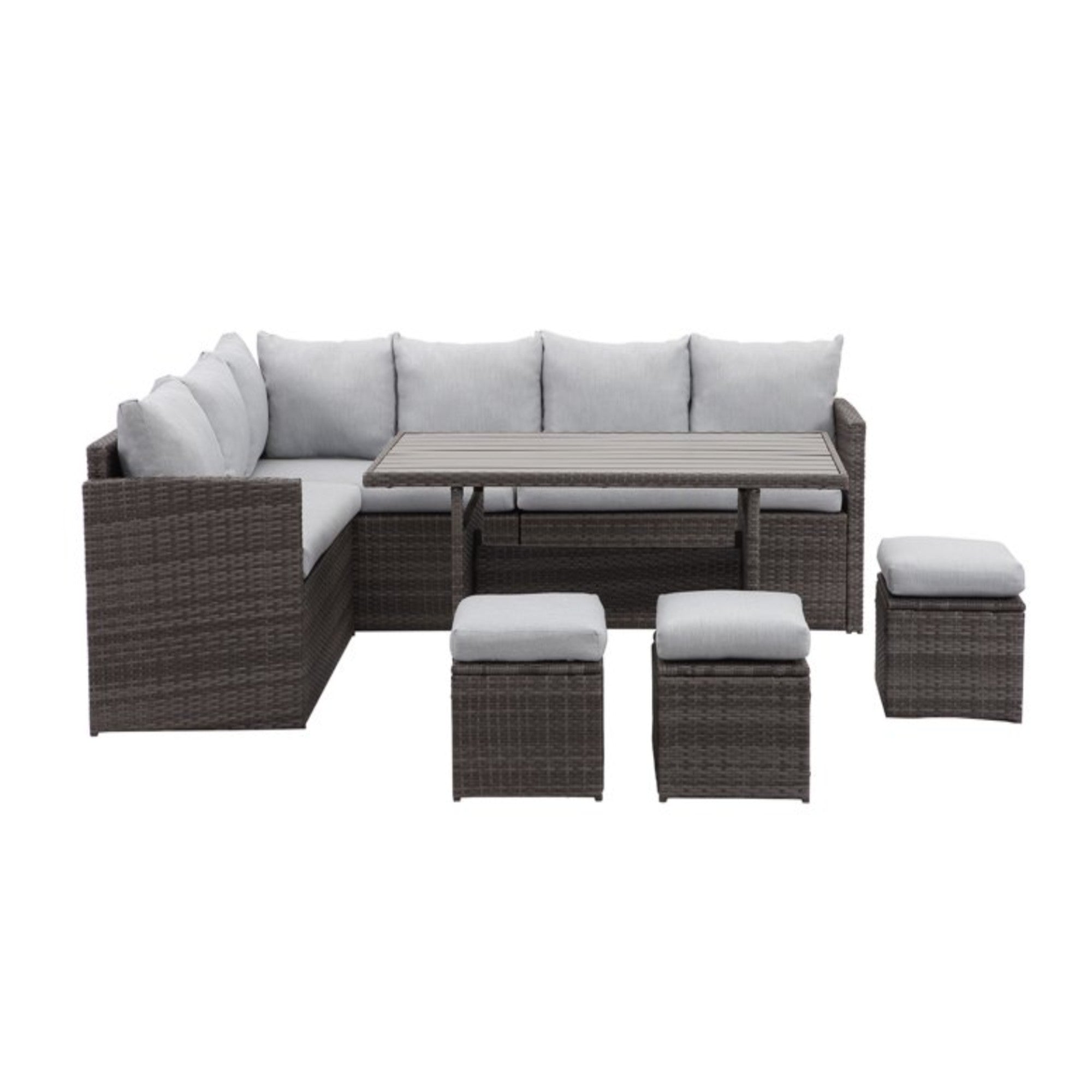 Graues PE-Rattan Outdoor-Essgruppe mit Kissen, 7-teiliges Ecksofa & Tisch für Garten, Veranda oder Pool