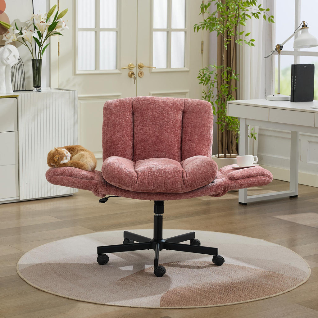 Modern Chenille Swivel Office Chair, Height Adjustable Task Chair with Convertible Multi-Position Armrests, Comfy Double Cush