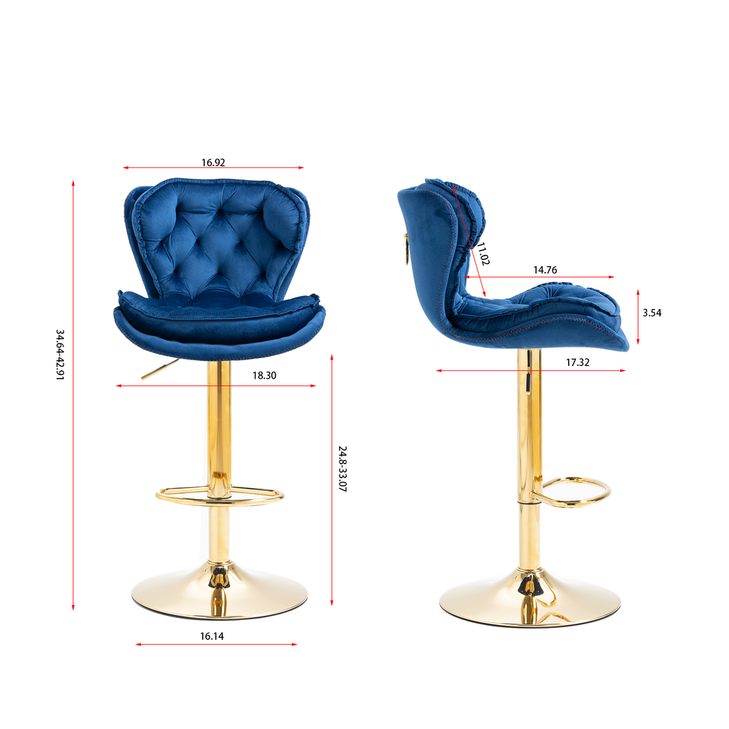 Set of 2  Bar Stools,with Chrome Footrest and Base Swivel Height Adjustable Mechanical Lifting Velvet + Golden Leg Simple Bar Stool-blue - Grand Goldman Shop